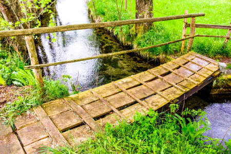 beautiful old wooden bridge at a forestの写真素材
