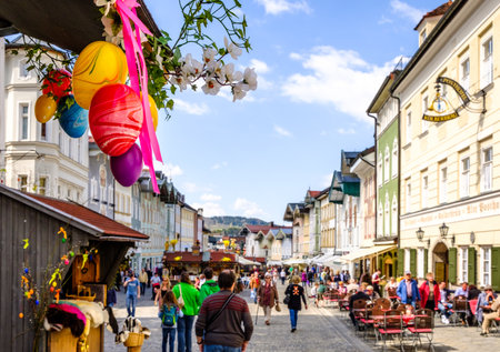BAD TOELZ, GERMANY - APRIL 10: traditional eater market with kiosks in the old town on April 10, 2017 in Bad Toelz, Germanyのeditorial素材