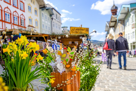 BAD TOELZ, GERMANY - APRIL 10: traditional eater market with kiosks in the old town on April 10, 2017 in Bad Toelz, Germanyのeditorial素材