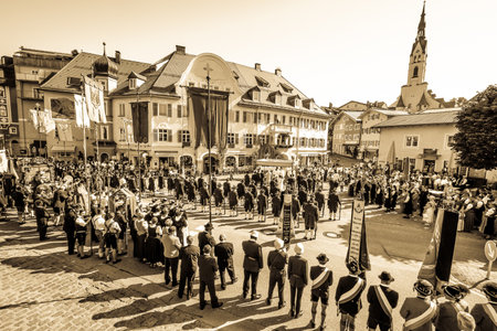 BAD TOELZ, GERMANY - JUNE 15 - People in traditional clothes at the Corpus Christi procession at June 15, 2017 in Bad Toelz - Germany.のeditorial素材
