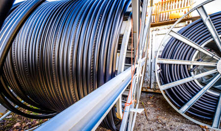 modern cable drum close-up at a construction siteの写真素材