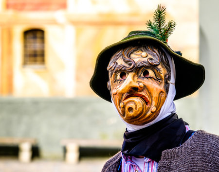MITTENWALD, GERMANY - FEBRUARY 8: Machkera is a traditional disguise with large wooden larvae, here shown on Feb 8, 2016 in Mittenwaldのeditorial素材
