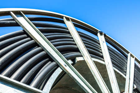 modern cable drum close-up at a construction siteの写真素材