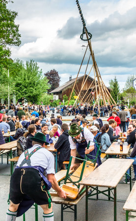 BENEDIKTBEUERN, GERMANY - MAY 1: A traditional maypole is being set up by the local bavarians during the typical May Day festival on May 1, 2018 in Benedikteuern in Germany.のeditorial素材