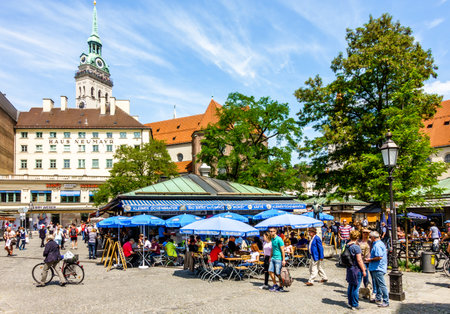 Munich, Germany - may 22: View of Viktualienmarkt a sunny day. It is a daily food market and a square in the center of Munich near Marienplatz on may 22, 2018のeditorial素材