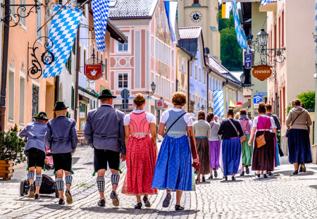 GARMISCH-PARTENKIRCHEN, GERMANY - MAY 20: historic bavarian pageant with 1500 partcipants in the old town of garmisch-partenkirchen on may 20, 2018のeditorial素材