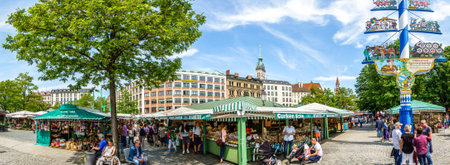 Munich, Germany - may 22: View of Viktualienmarkt a sunny day. It is a daily food market and a square in the center of Munich near Marienplatz on may 22, 2018のeditorial素材