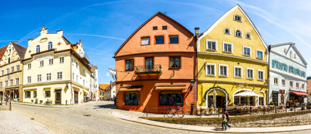 FUESSEN - GERMANY, APRIL 27: old facades and people in the famous old town in fuessen, germany on april 27, 2018のeditorial素材