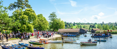 Seehausen, Germany - May 31: a special bavarian corpus christi procession in Seehausen, germany, where the faithful use boats for part of the route on may 31, 2018のeditorial素材