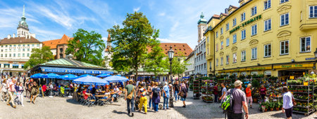 Munich, Germany - may 22: View of Viktualienmarkt a sunny day. It is a daily food market and a square in the center of Munich near Marienplatz on may 22, 2018のeditorial素材