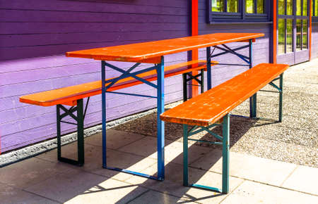 folding chairs at a typical bavarian beergardenの写真素材