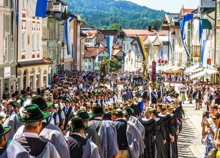 Bad Toelz, Germany - July 29: pageant with typical bavarian costumes at the gaufest in the historic town on july 29, 2018 in Bad Toelz, Germanyのeditorial素材