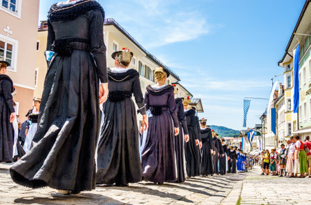 Bad Toelz, Germany - July 29: pageant with typical bavarian costumes at the gaufest in the historic...