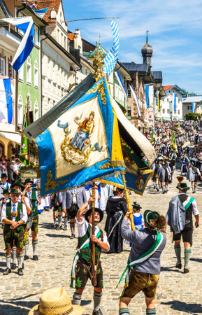 Bad Toelz, Germany - July 29: pageant with typical bavarian costumes at the gaufest in the historic town on july 29, 2018 in Bad Toelz, Germanyのeditorial素材