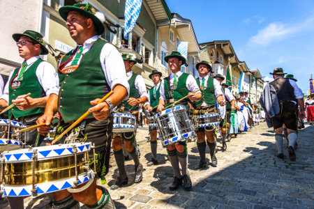 Bad Toelz, Germany - July 29: pageant with typical bavarian costumes at the gaufest in the historic town on july 29, 2018 in Bad Toelz, Germanyのeditorial素材