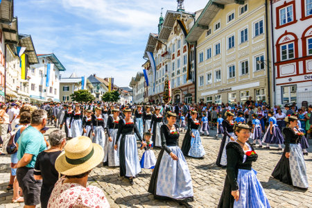 Bad Toelz, Germany - July 29: pageant with typical bavarian costumes at the gaufest in the historic town on july 29, 2018 in Bad Toelz, Germanyのeditorial素材