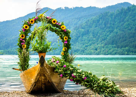 decorated pageant boats at the schliersee lake -bavariaの写真素材