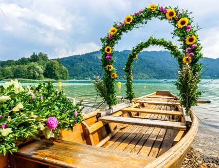 decorated pageant boats at the schliersee lake -bavariaの写真素材