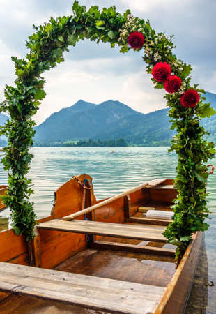 decorated pageant boats at the schliersee lake -bavariaの写真素材