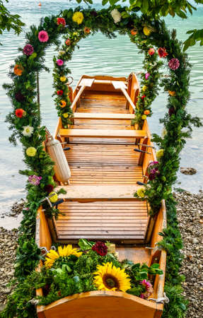 decorated pageant boats at the schliersee lake -bavariaの写真素材