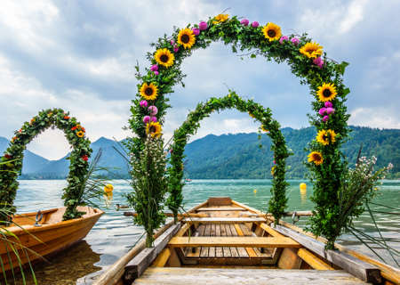 decorated pageant boats at the schliersee lake -bavariaの写真素材