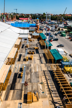 Munich, Germany - September 12: setup of the  fairground rides and beertents at the biggest folk festival in the world - the octoberfest on september 12, 2018 in munich.のeditorial素材