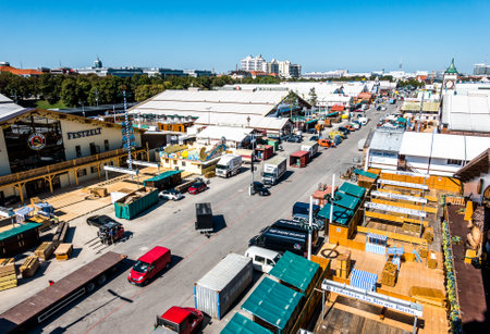 Munich, Germany - September 12: setup of the  fairground rides and beertents at the biggest folk festival in the world - the octoberfest on september 12, 2018 in munich.のeditorial素材