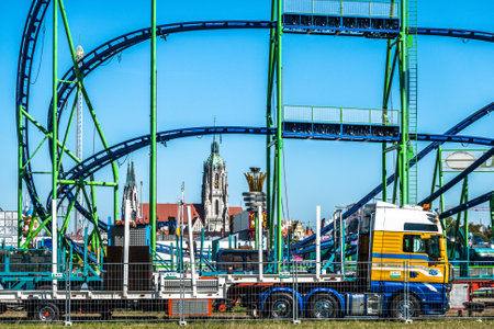 Munich, Germany - September 12: setup of the  fairground rides and beertents at the biggest folk festival in the world - the octoberfest on september 12, 2018 in munich.のeditorial素材