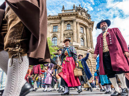 Munich, Germany - September 23: Participants of the annual opening parade of the oktoberfest on september 23, 2018 in the old town of munichのeditorial素材