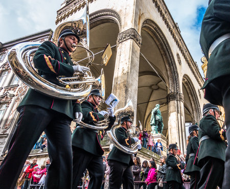 Munich, Germany - September 23: Participants of the annual opening parade of the oktoberfest on september 23, 2018 in the old town of munichのeditorial素材