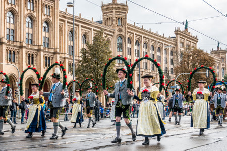 Munich, Germany - September 23: Participants of the annual opening parade of the oktoberfest on september 23, 2018 in the old town of munichのeditorial素材