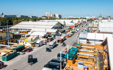 Munich, Germany - September 12: setup of the  fairground rides and beertents at the biggest folk festival in the world - the octoberfest on september 12, 2018 in munich.のeditorial素材