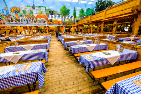 Munich, Germany - October 1: famous beer tent called Hacker-Pschorr and people at the biggest folk festival in the world - the oktoberfest on oktober 1, 2018 in munich.のeditorial素材