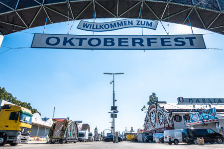 Munich, Germany - September 12: setup of the  fairground rides and beertents at the biggest folk festival in the world - the octoberfest on september 12, 2018 in munich.のeditorial素材