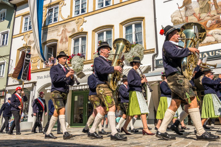 Bad Toelz, Germany - September 15: Participants in a parade on the occasion of the 150th anniversary of the Voluntary Fire Brigade on September 15, 2018 at Bad Toelzのeditorial素材
