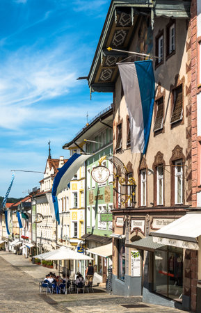 Bad Toelz, Germany - July 29: the famous old facades with historic murals in the old town on july 29, 2018 in Bad Toelz, Germanyのeditorial素材