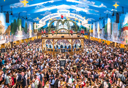 Munich, Germany - October 1: famous beer tent called Hacker-Pschorr and people at the biggest folk festival in the world - the oktoberfest on oktober 1, 2018 in munich.のeditorial素材