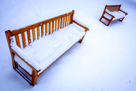 wooden park bench in winter - photo
