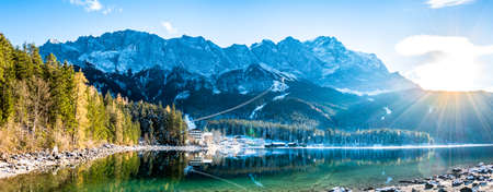 famous eibsee lake in front of zugspitze mountain in germany