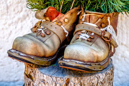 An old used hiking boots