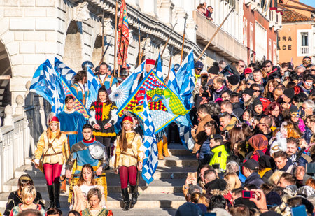 venice, Italy - February 23: Participants of the parade at the carnival in venice on February 23,...