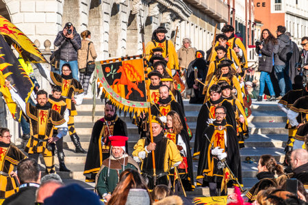 venice, Italy - February 23: Participants of the parade at the carnival in venice on February 23, 2019 in Venice, italy near the piazza san marcoのeditorial素材