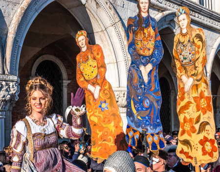 venice, Italy - February 23: Participants of the parade at the carnival in venice on February 23, 2019 in Venice, italy near the piazza san marcoのeditorial素材