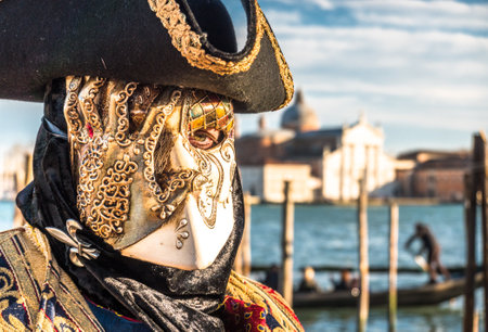Venice, Italy - February 23: Participants of the Venice Carnival pose to the audience during the famous Carnival on February 23, 2019 in Venice, italyのeditorial素材