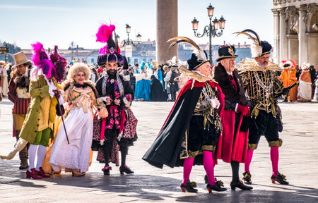 Venice, Italy - February 24: Participants of the parade at the carnival in venice on February 24, 2019 in Venice, italy on the piazza san marcoのeditorial素材