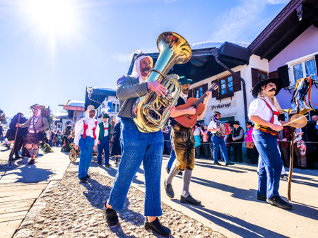 Mittenwald, Germany - February 28: Machkera is a traditional disguise with large wooden larvae, here shown at a parade on Feb 28, 2019 in Mittenwald, Germanyのeditorial素材