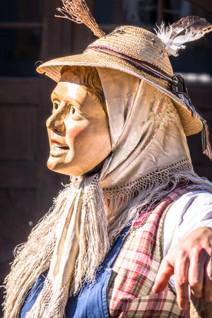 Mittenwald, Germany - February 28: Machkera is a traditional disguise with large wooden larvae, here shown at a parade on Feb 28, 2019 in Mittenwald, Germanyのeditorial素材