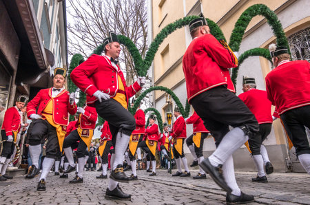 Rosenheim, Germany - February 1: typical historic schaefflertanz dance with traditional costumes on February 1,2019 in rosenheim - germanyのeditorial素材