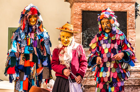 Mittenwald, Germany - February 28: Machkera is a traditional disguise with large wooden larvae, here shown at a parade on Feb 28, 2019 in Mittenwald, Germanyのeditorial素材