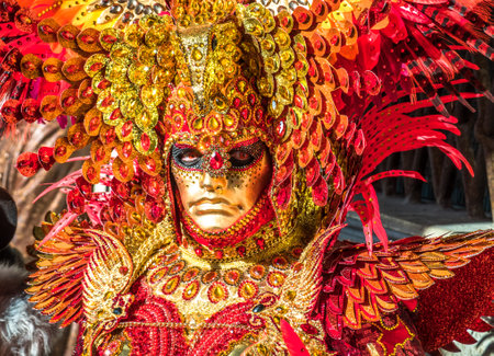 Venice, Italy - February 23: Participants of the Venice Carnival pose to the audience during the famous Carnival on February 23, 2019 in Venice, italyのeditorial素材